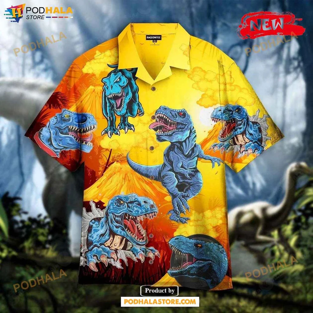 Playful Dinosaur Hawaiian Shirt With T Rex And Volcano Design For Summer Fun