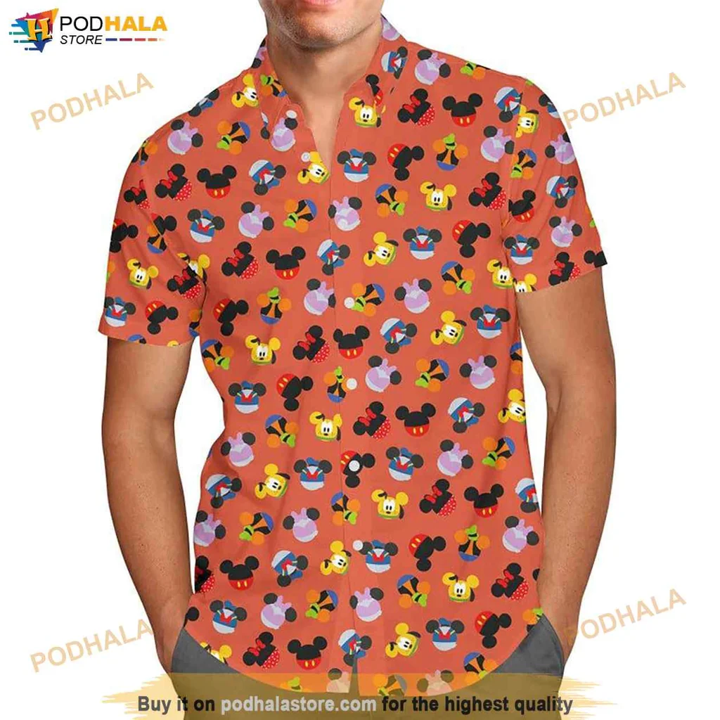 Playful Disney Character Hawaiian Shirt Featuring Mickey Mouse Ears And Tropical Motifs