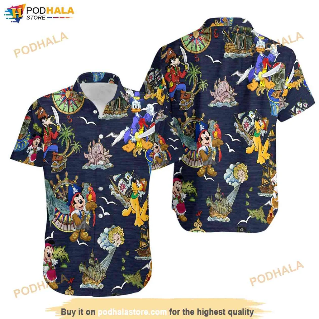 Playful Disney Pirates Aloha Shirt, Mickey Mouse Cruise Button Shirt