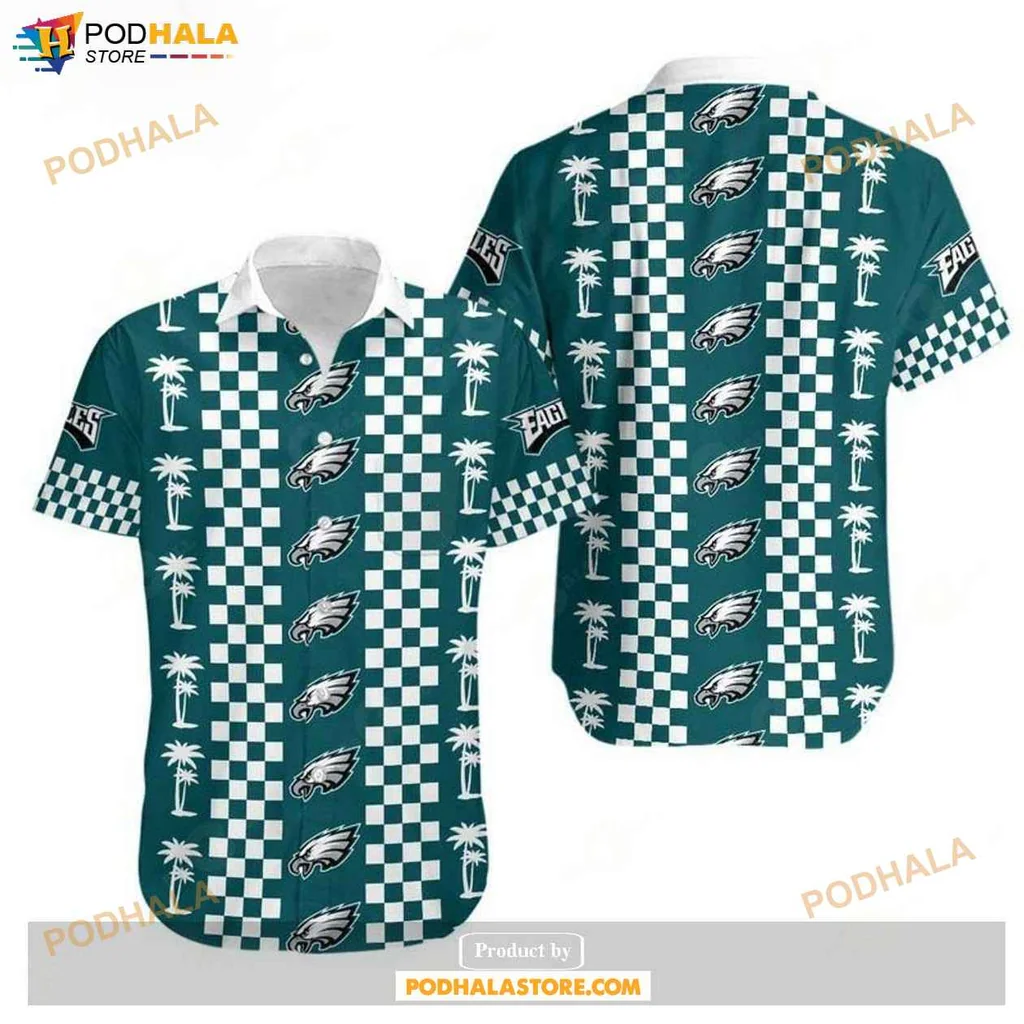 Playful Eagles Fan Hawaiian Shirt With Coconut Trees And Checkerboard Pattern