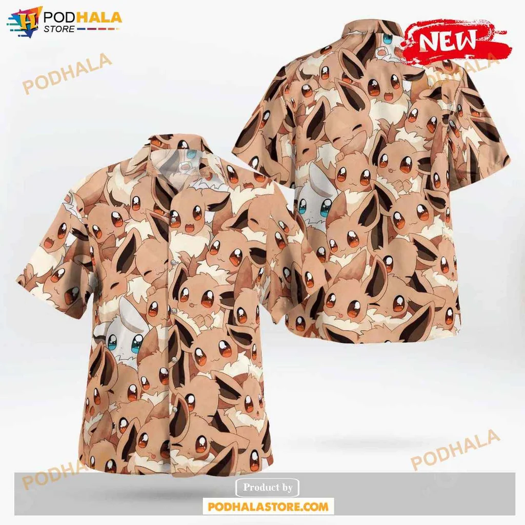 Playful Eevee Aloha Shirt, Seamless Pattern Design For Men And Women