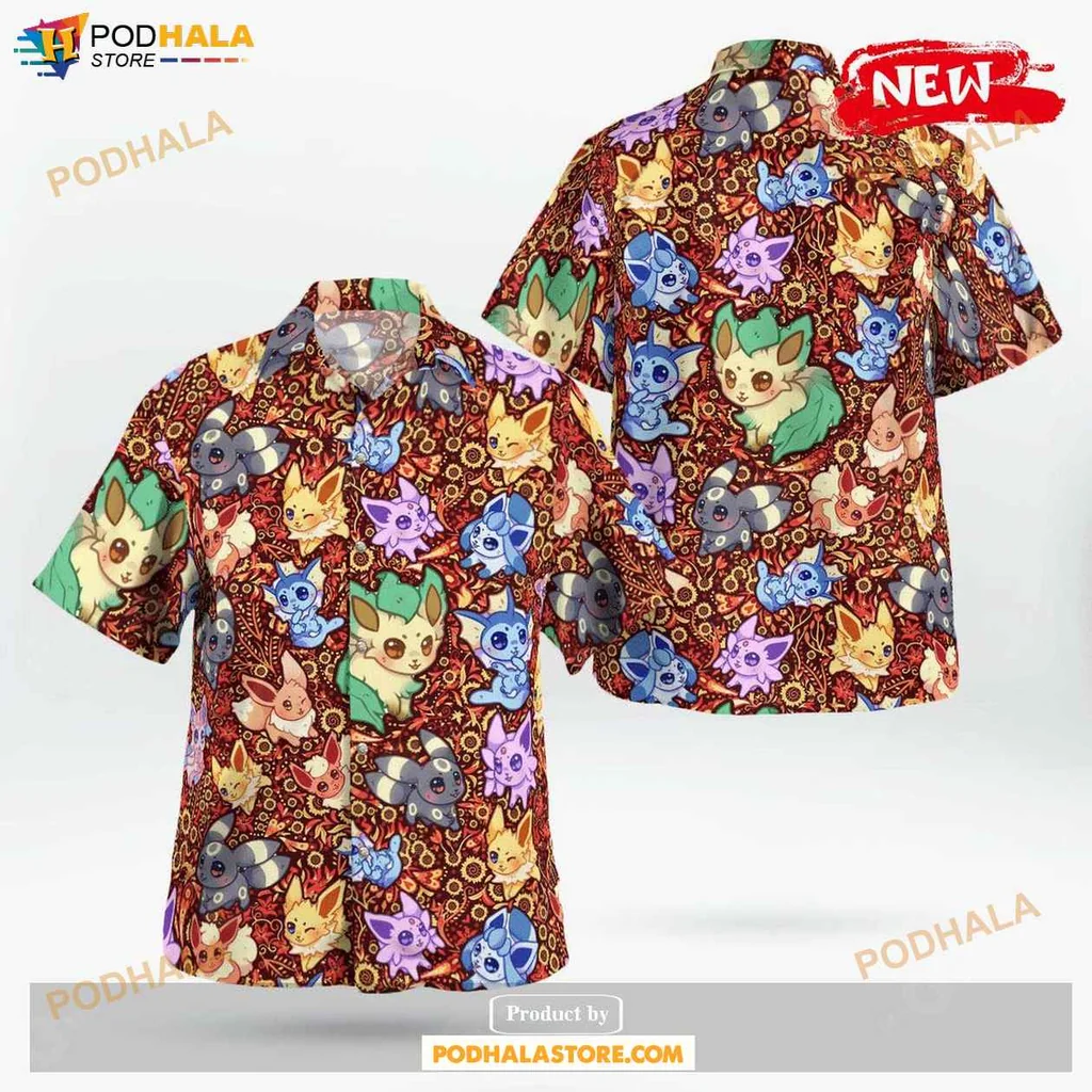 Playful Eevee Aloha Shirt, Tropical Seamless Pattern Design For Men And Women