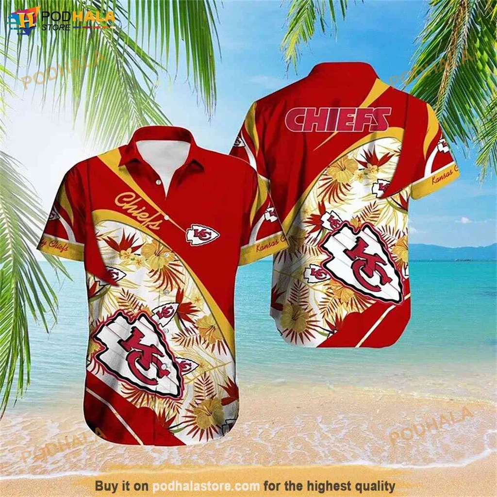 Playful Fan Kansas City Chiefs Shirt, Vibrant Red And Yellow Tropical Design Playful Fan Kansas City Chiefs Shirt, Vibrant Red And Yellow Tropical Design