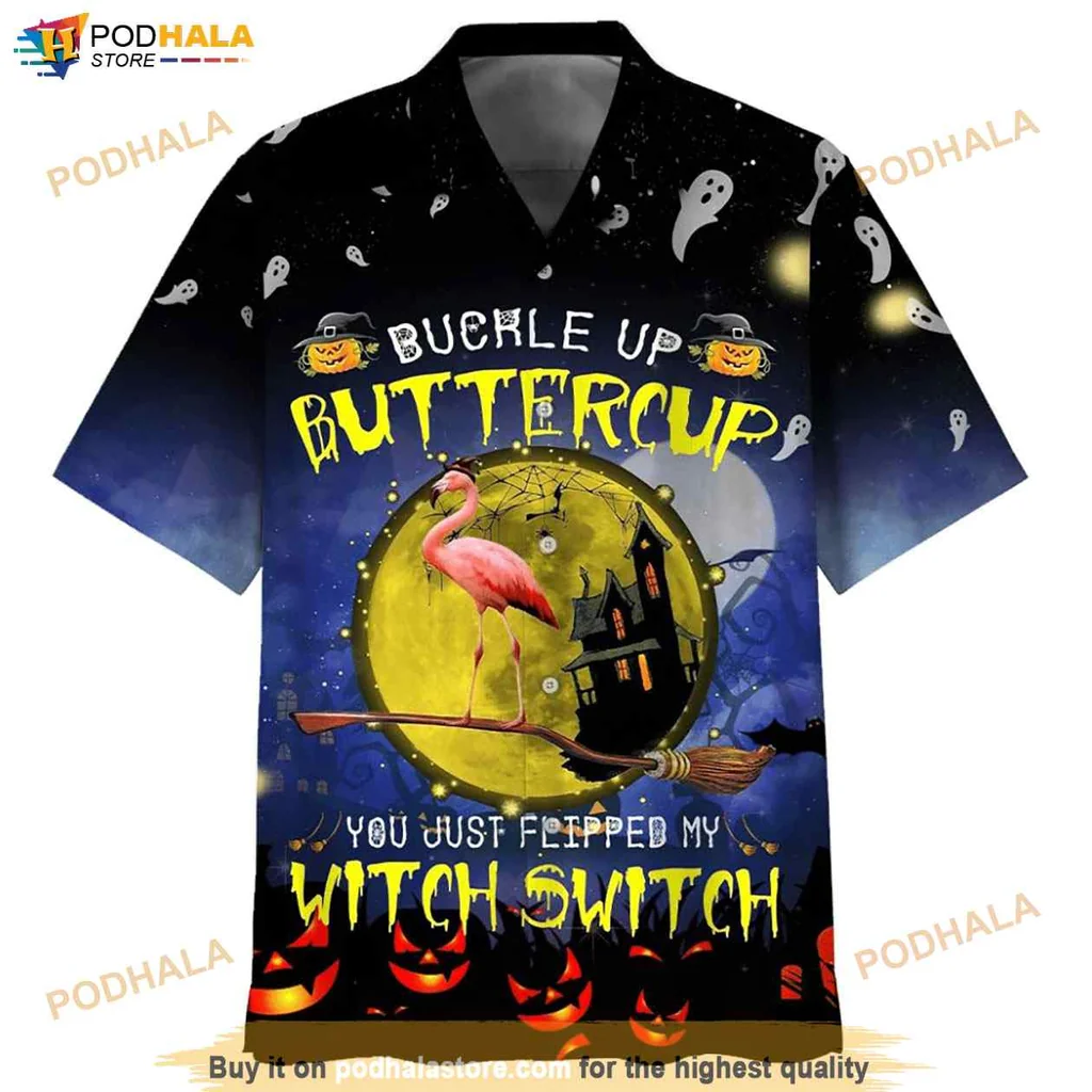 Playful Flamingo Halloween Hawaiian Shirt, Buckle Up Buttercup Witch Switch Design