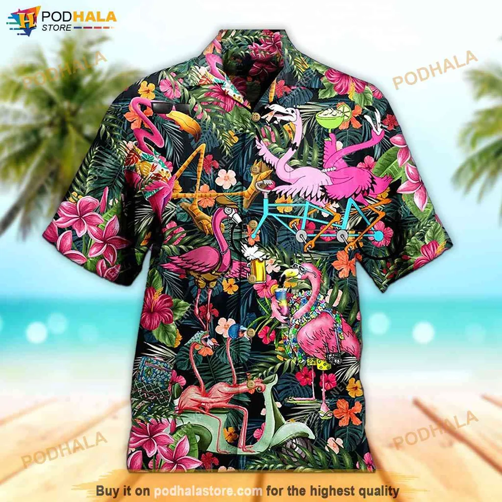 Playful Flamingo Hawaiian Shirt, Vibrant Tropical Design With Lush Greenery