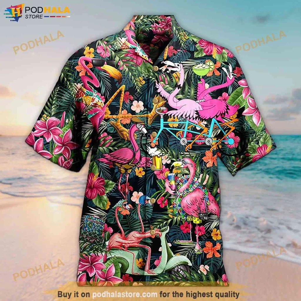 Playful Flamingo Aloha Shirt, Vibrant Tropical Design With Lush Greenery Playful Flamingo Aloha Shirt, Vibrant Tropical Design With Lush Greenery