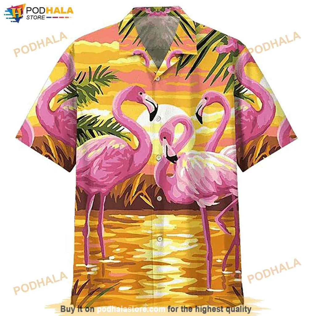 Playful Flamingo Sunset Hawaiian Shirt, Vibrant Pink Flamingos With Tropical Sunset Design