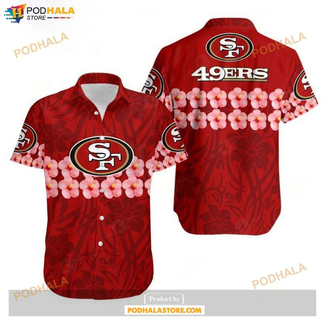 Playful Floral 49ers Hawaiian Shirt With Hibiscus Design And Team Logo
