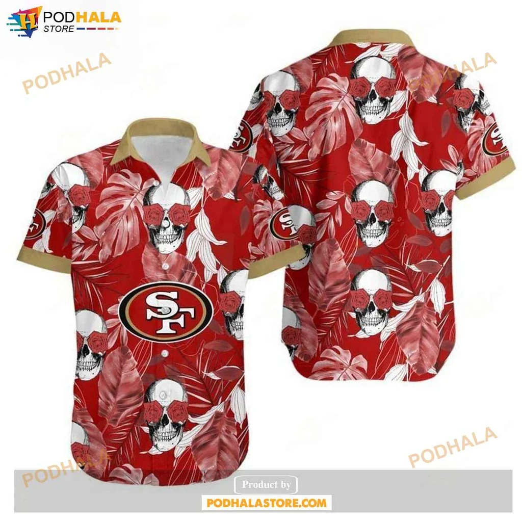 Playful Floral Skulls Hawaiian Shirt, San Francisco 49ers Coconut Leaves Design
