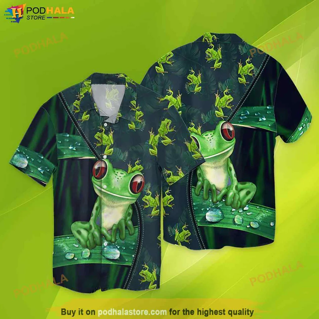 Playful Frog Tropical Hawaiian Shirt, Vibrant Green Frogs On Lily Pads