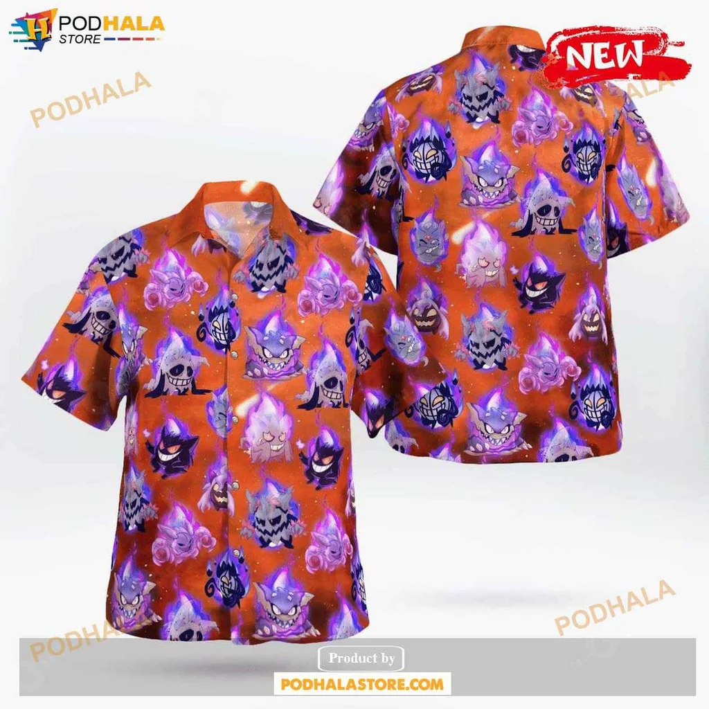 Playful Gengar Aloha Shirt, Halloween Themed Tropical Shirt For Men And Women