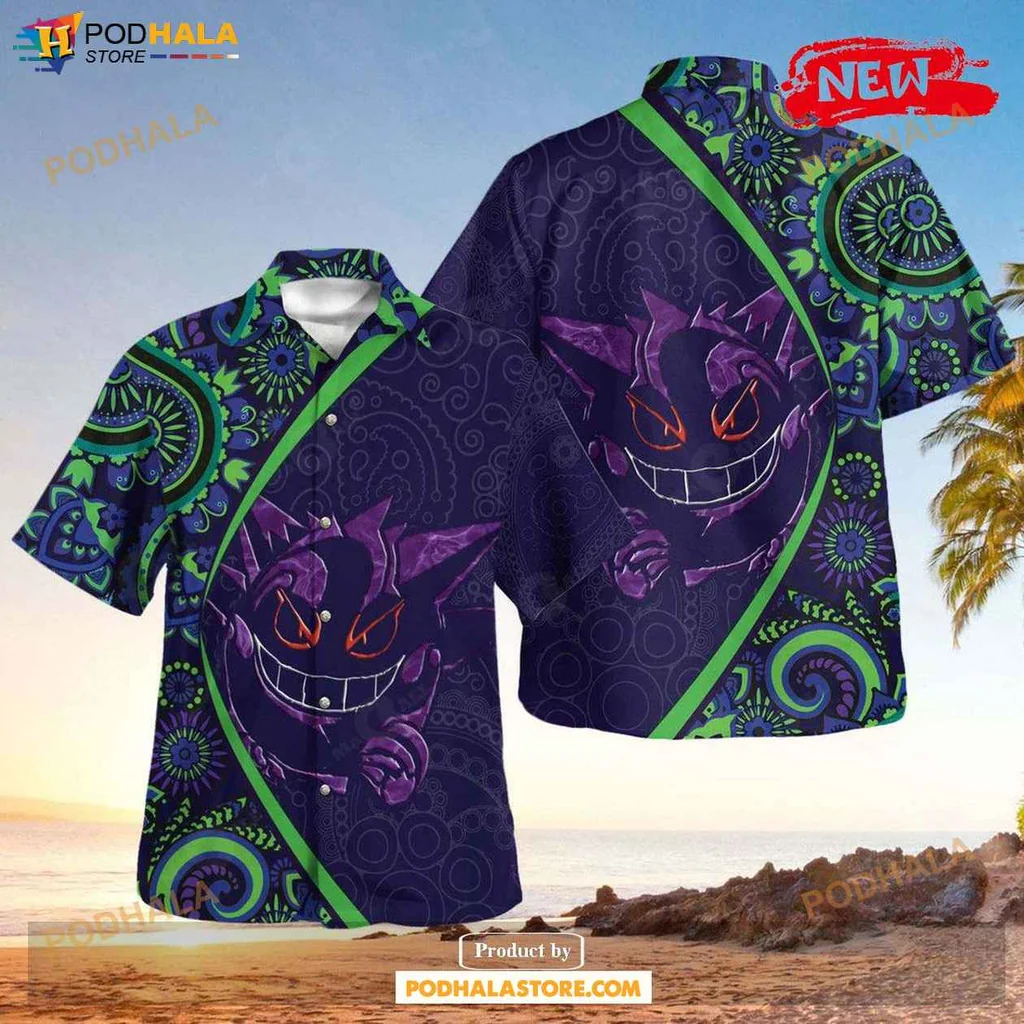 Playful Gengar Aloha Shirt, Vibrant Purple Paisley Tropical Tee
