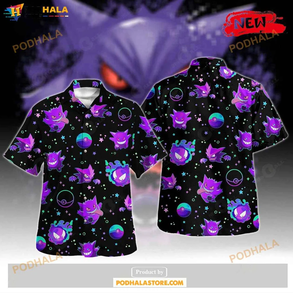 Playful Gengar Aloha Shirt, Vibrant Tropical Design For Pokémon Fans