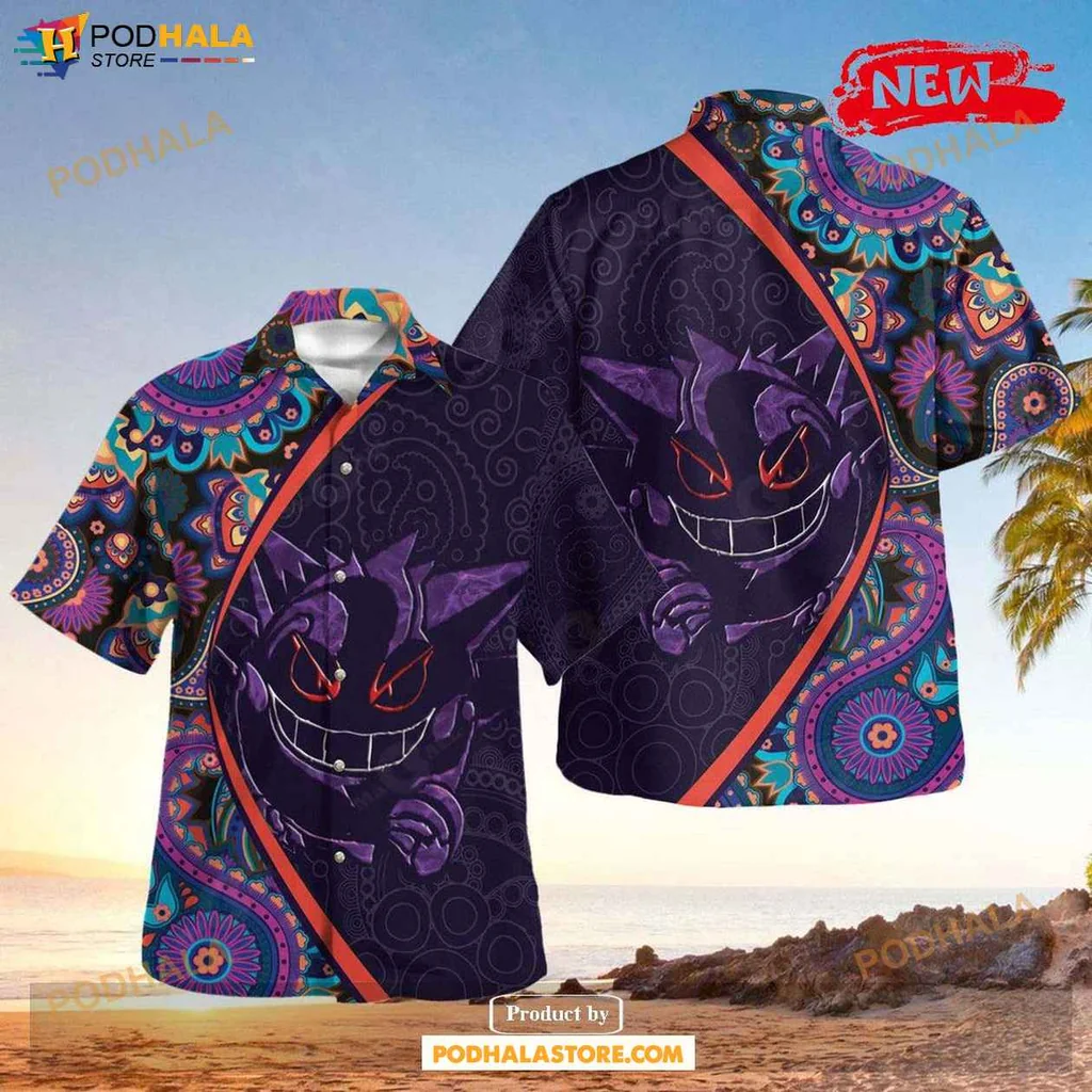 Playful Gengar Paisley Aloha Shirt, Vibrant Tropical Design For Summer Fun