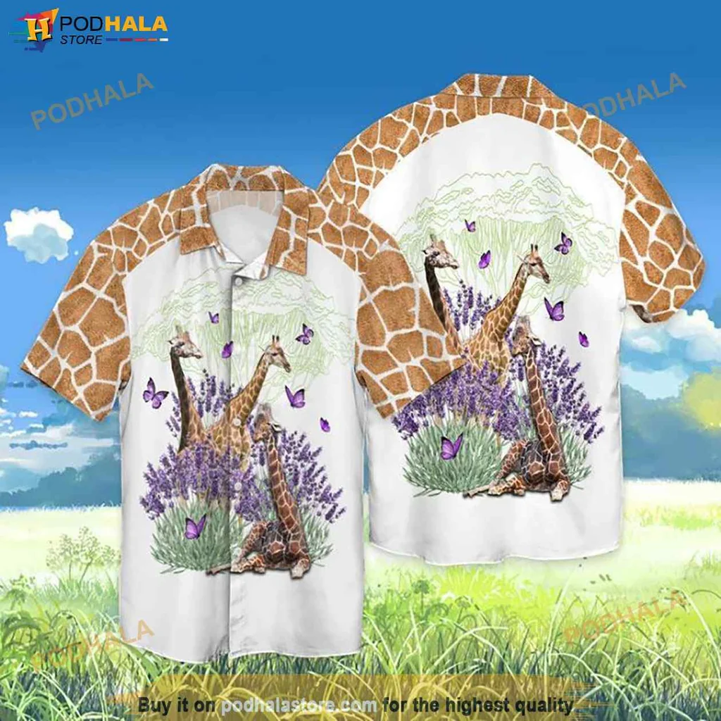 Playful Giraffe Aloha Hawaiian Shirt With Purple Flowers And Green Hills