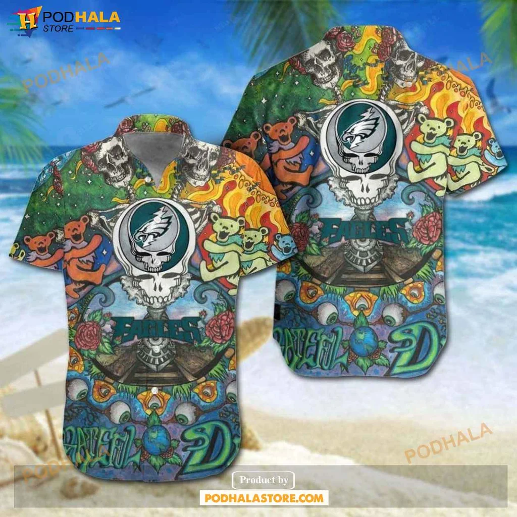 Playful Grateful Dead Hawaiian Shirt, Philadelphia Eagles Fan Graphic Tee