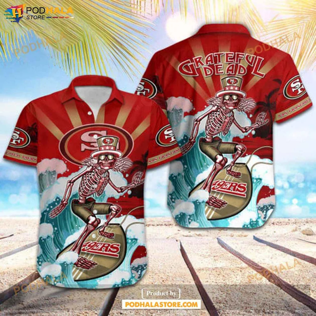 Playful Grateful Dead Surfer Hawaiian Shirt, San Francisco 49ers Skateboarding Design