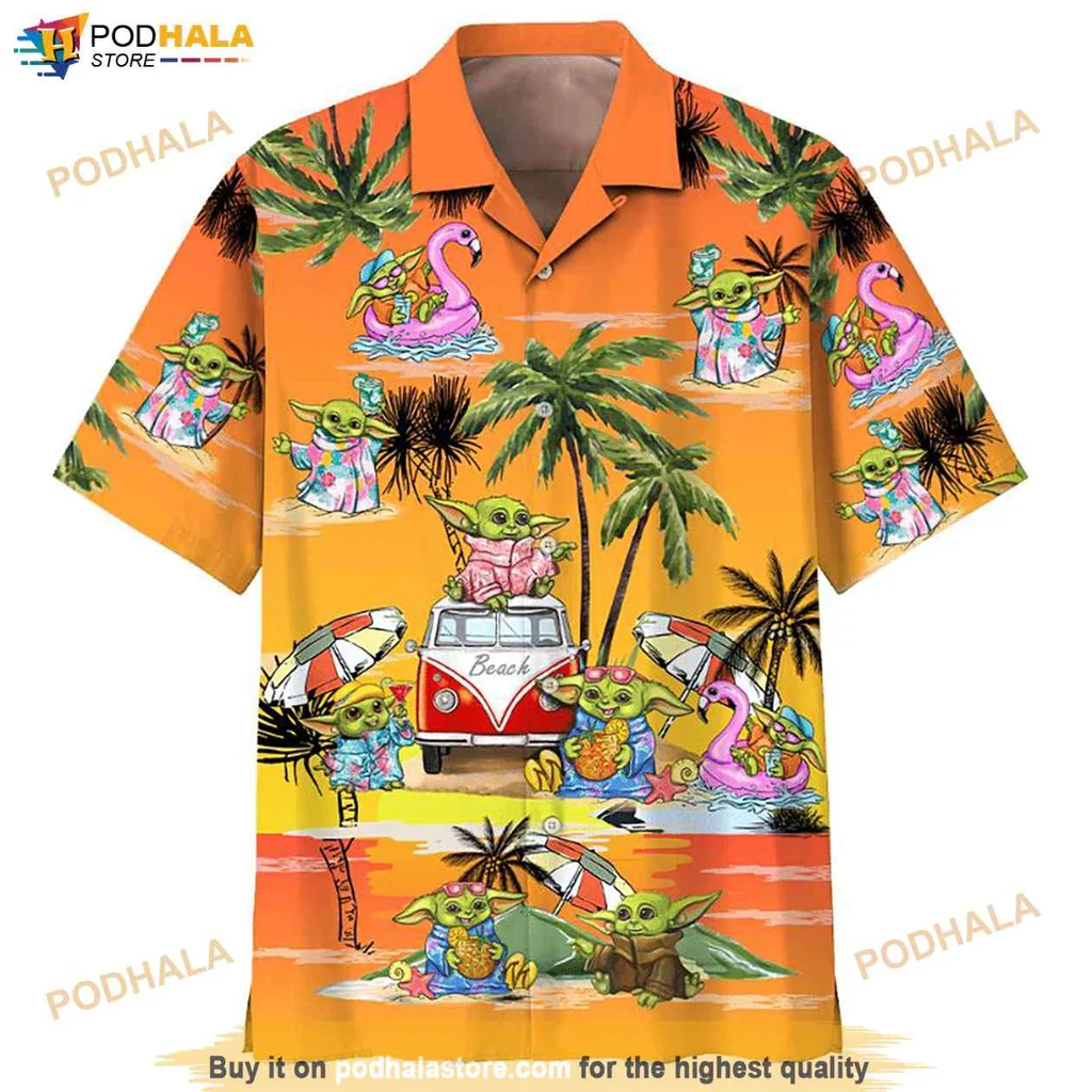 Playful Green Character Hawaiian Shirt With Baby Yoda, Orange Tropical Design