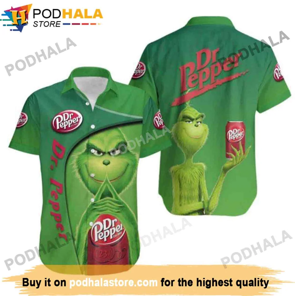 Playful Grinch Dr Pepper Hawaiian Shirt, Festive Christmas Novelty Clothing
