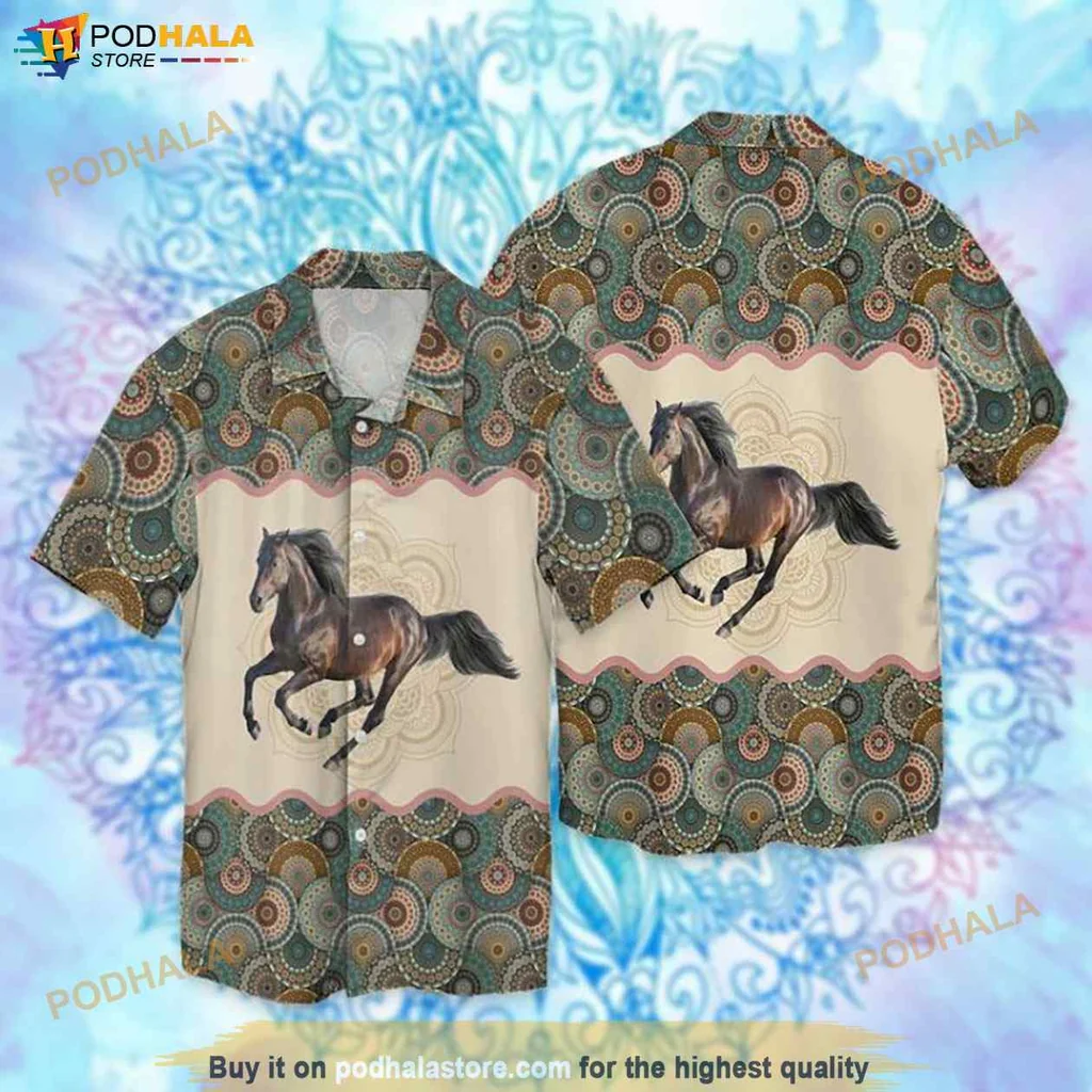 Playful Horse Aloha Hawaiian Shirt, Colorful Mandala Design For Equestrian Lovers