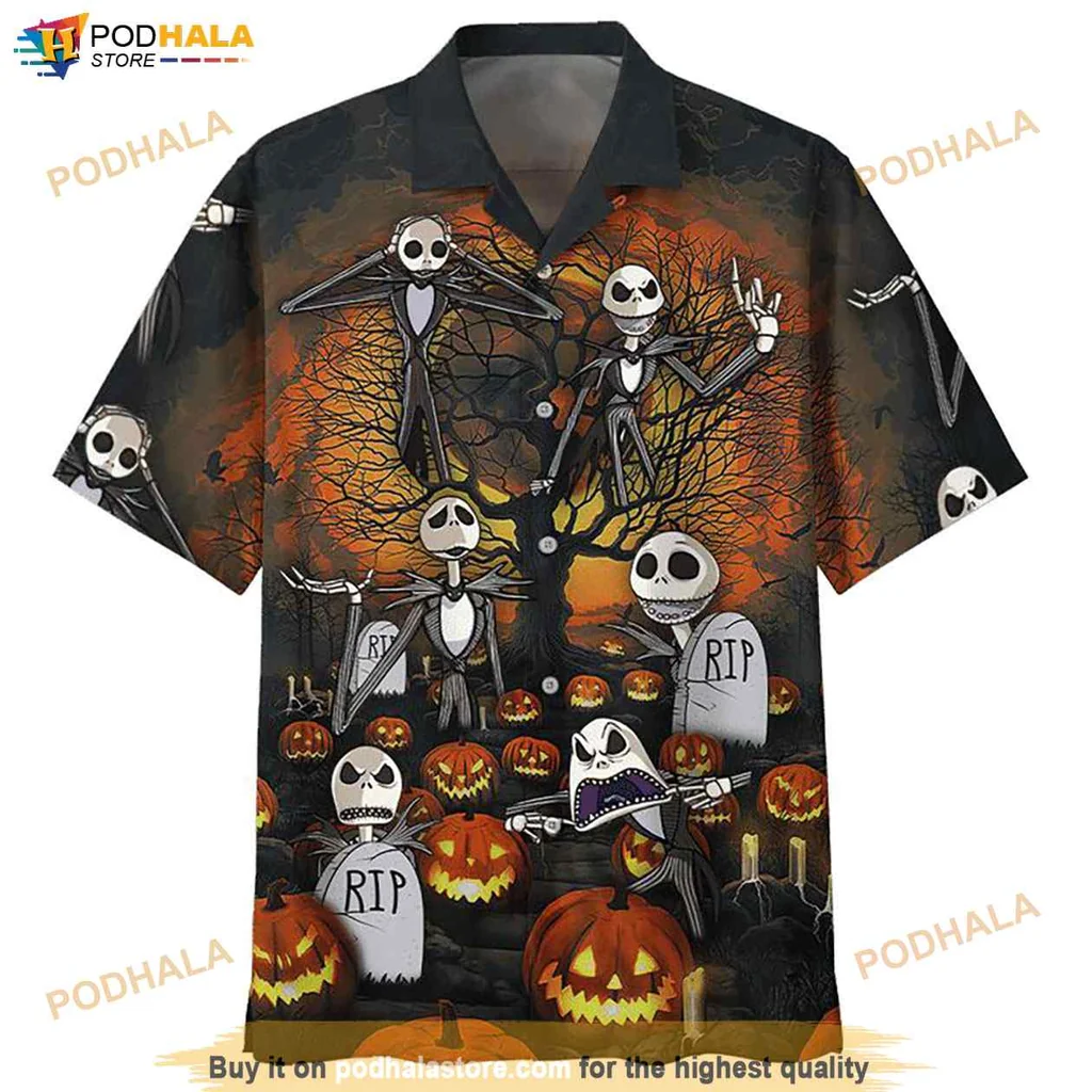 Playful Jack Skellington Hawaiian Shirt With Spooky Halloween Graphics And Pumpkins