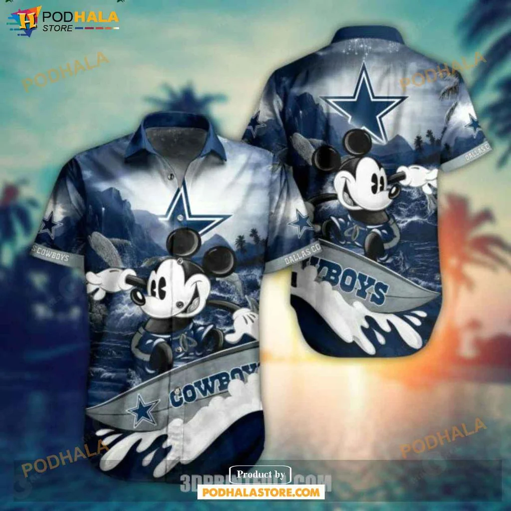 Playful Mickey Mouse Hawaiian Shirt, Dallas Cowboys Graphic Summer Tee