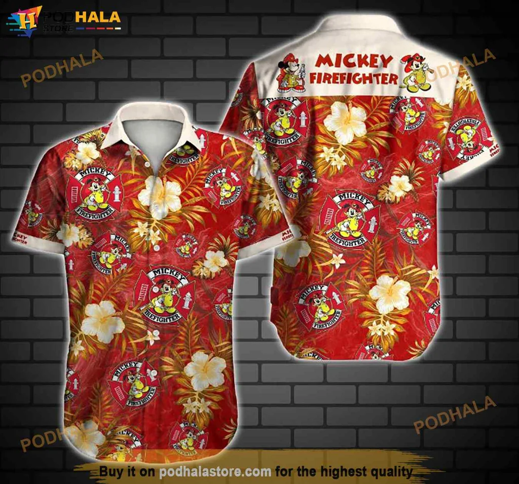 Playful Mickey Mouse Hawaiian Shirt, Vibrant Firefighter Design With Tropical Flowers