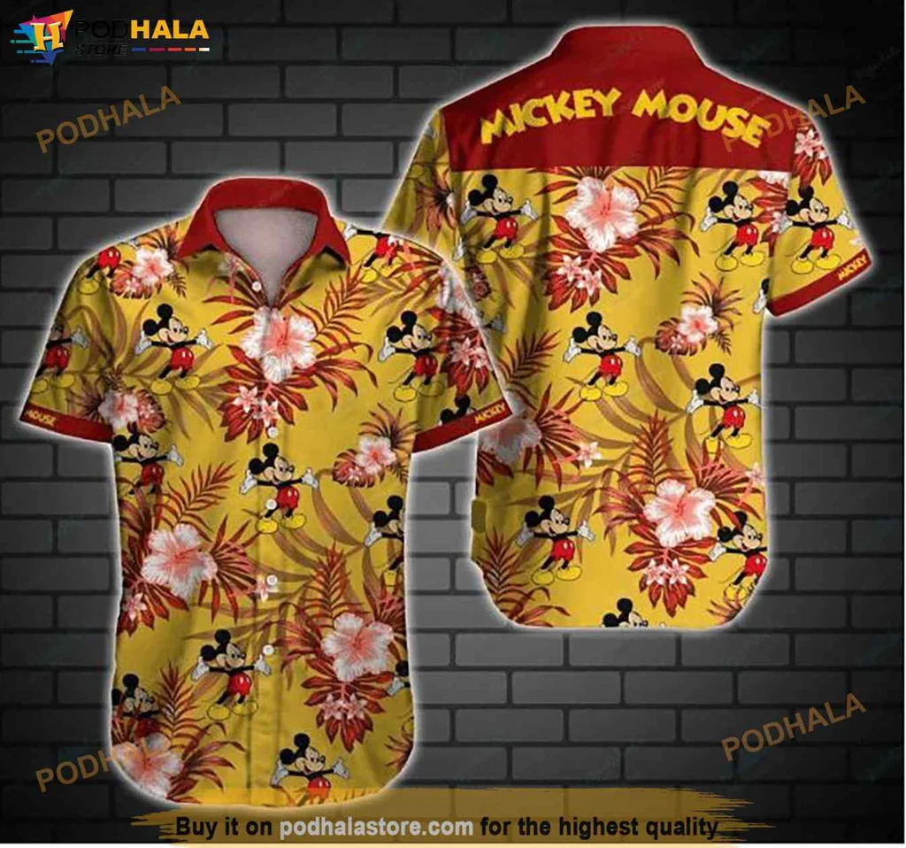 Playful Mickey Mouse Hawaiian Shirt, Vibrant Tropical Design With Palm Leaves And Flowers