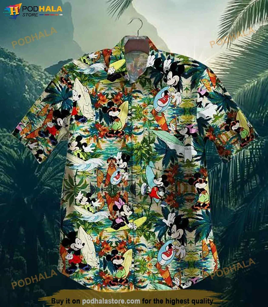 Playful Mickey Mouse Hawaiian Shirt, Vibrant Tropical Print For Beach Outings