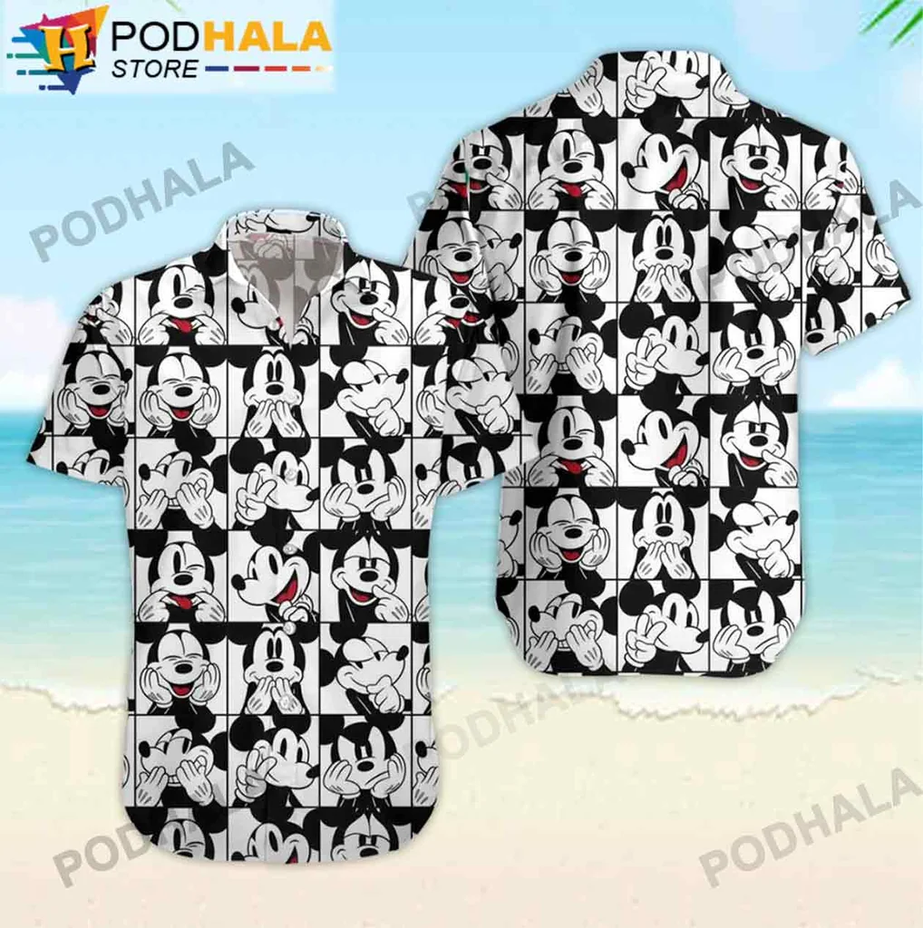 Playful Mickey Mouse Hawaiian Shirt With Fun Expressions And Red Accents