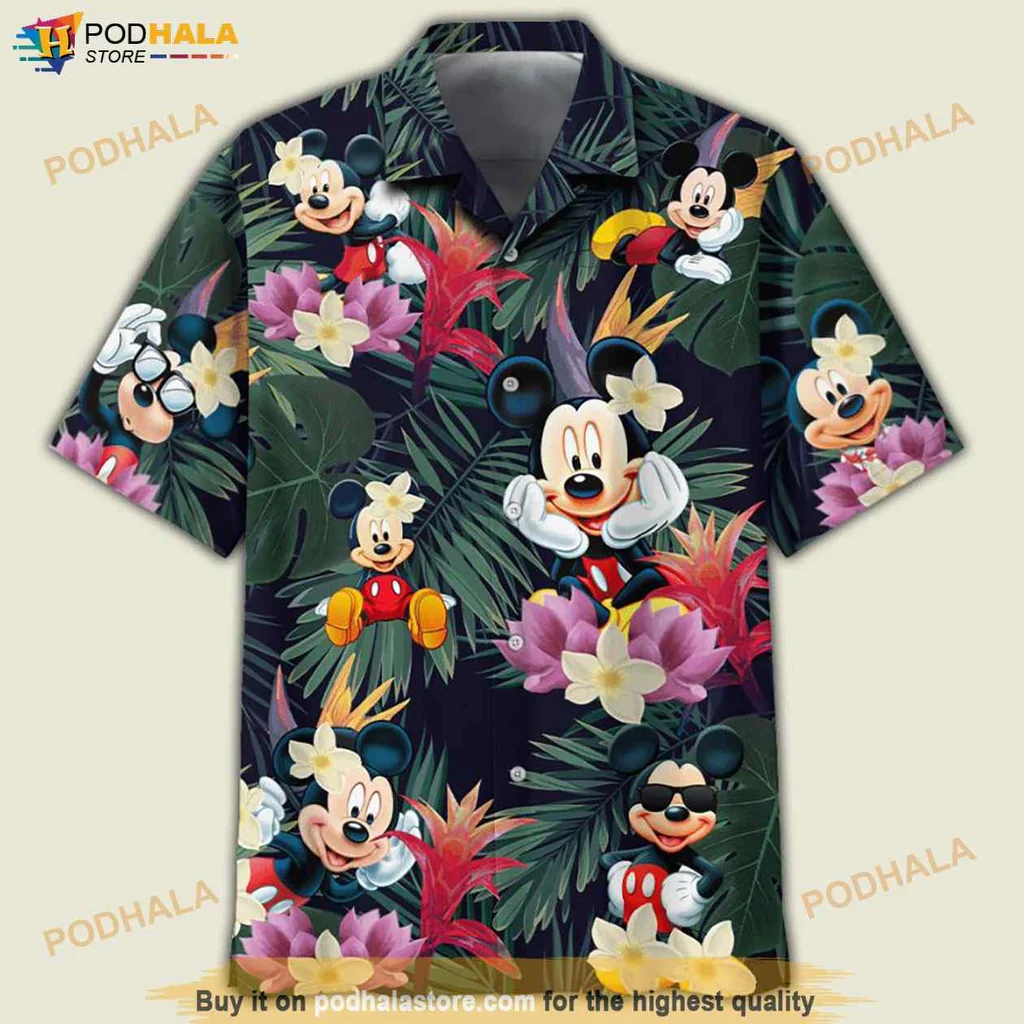 Playful Mickey Mouse Hawaiian Shirt With Tropical Flowers And Vibrant Colors