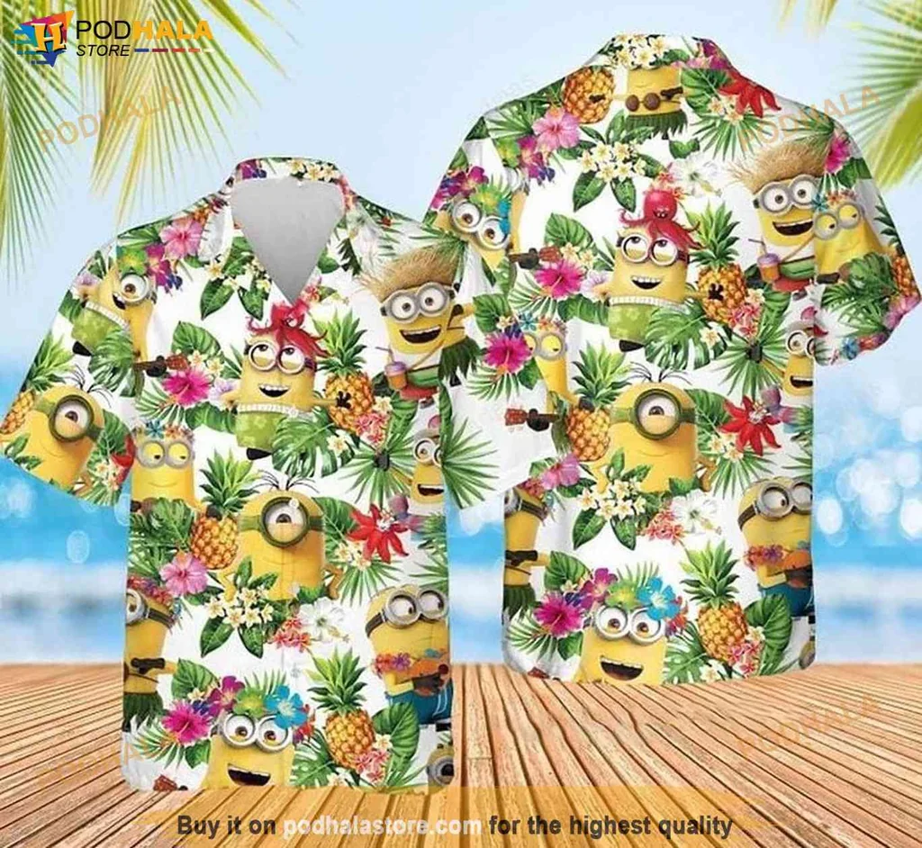 Playful Minion Character Hawaiian Shirt, Vibrant Summer Vacation Gift For Families
