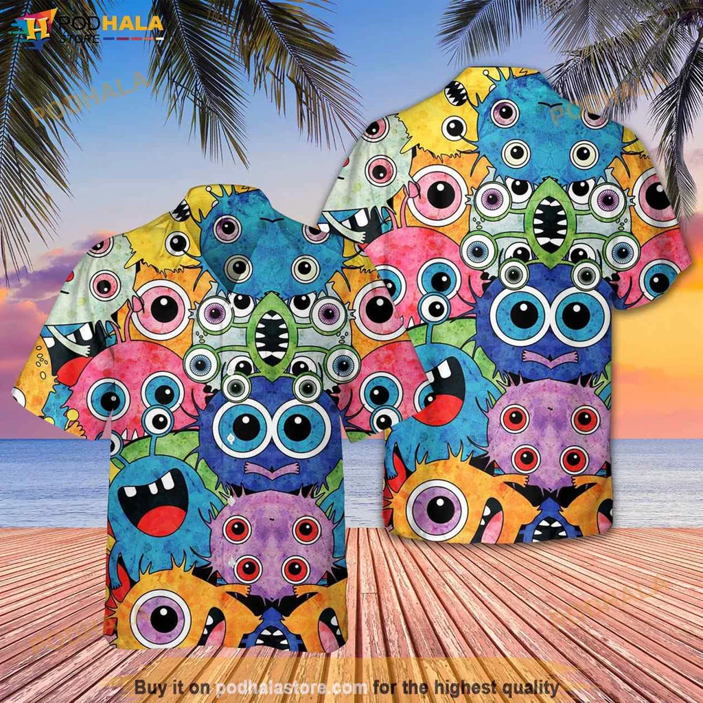 Playful Monster Character Hawaiian Shirt, Vibrant Cartoon Design For Summer Fun
