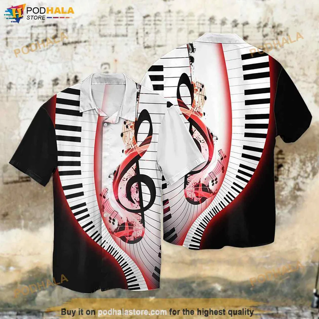 Playful Music Lover Hawaiian Shirt, Grand Piano And Treble Clef Design For Men