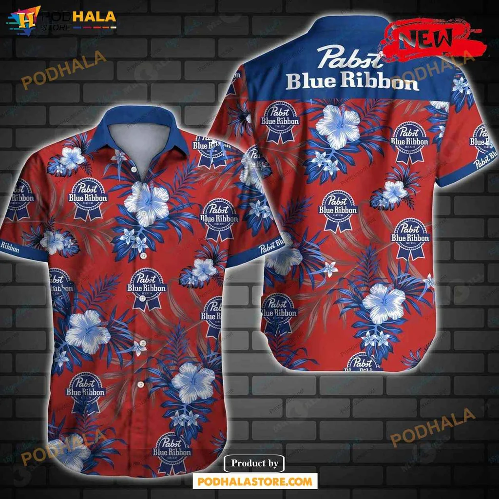 Playful Pabst Blue Ribbon Aloha Shirt, Vibrant Tropical Design For Summer Fun