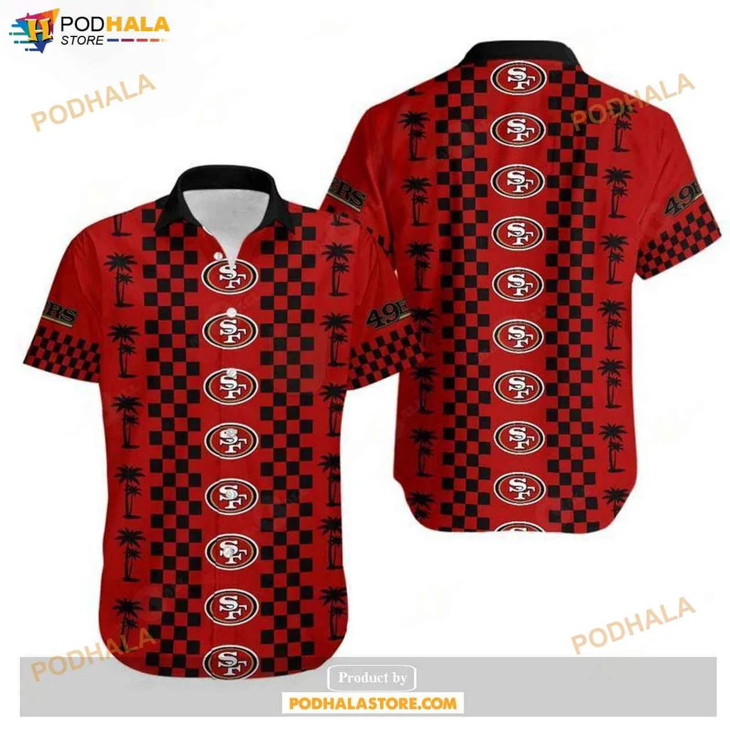 Playful Pattern San Francisco 49ers Hawaiian Shirt With Palm Trees And Checkerboard Design