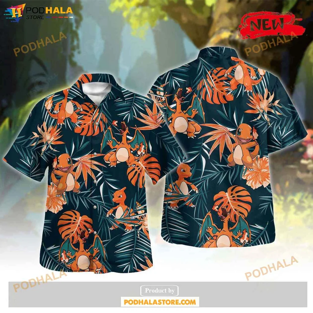 Playful Pokemon Aloha Shirt Featuring Charizard Charmeleon Charmander Tropical Design