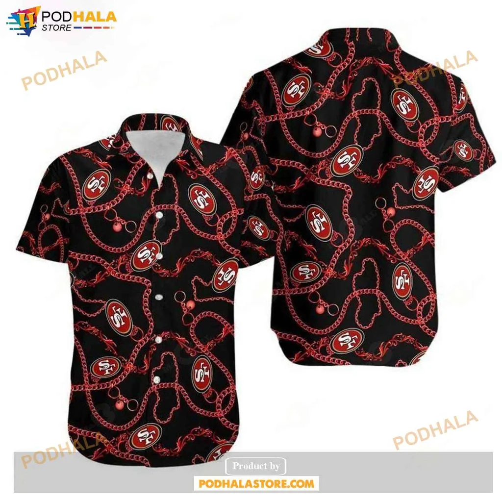 Playful Proud 49ers Hawaiian Shirt, Vibrant Red And Black Design For Fans