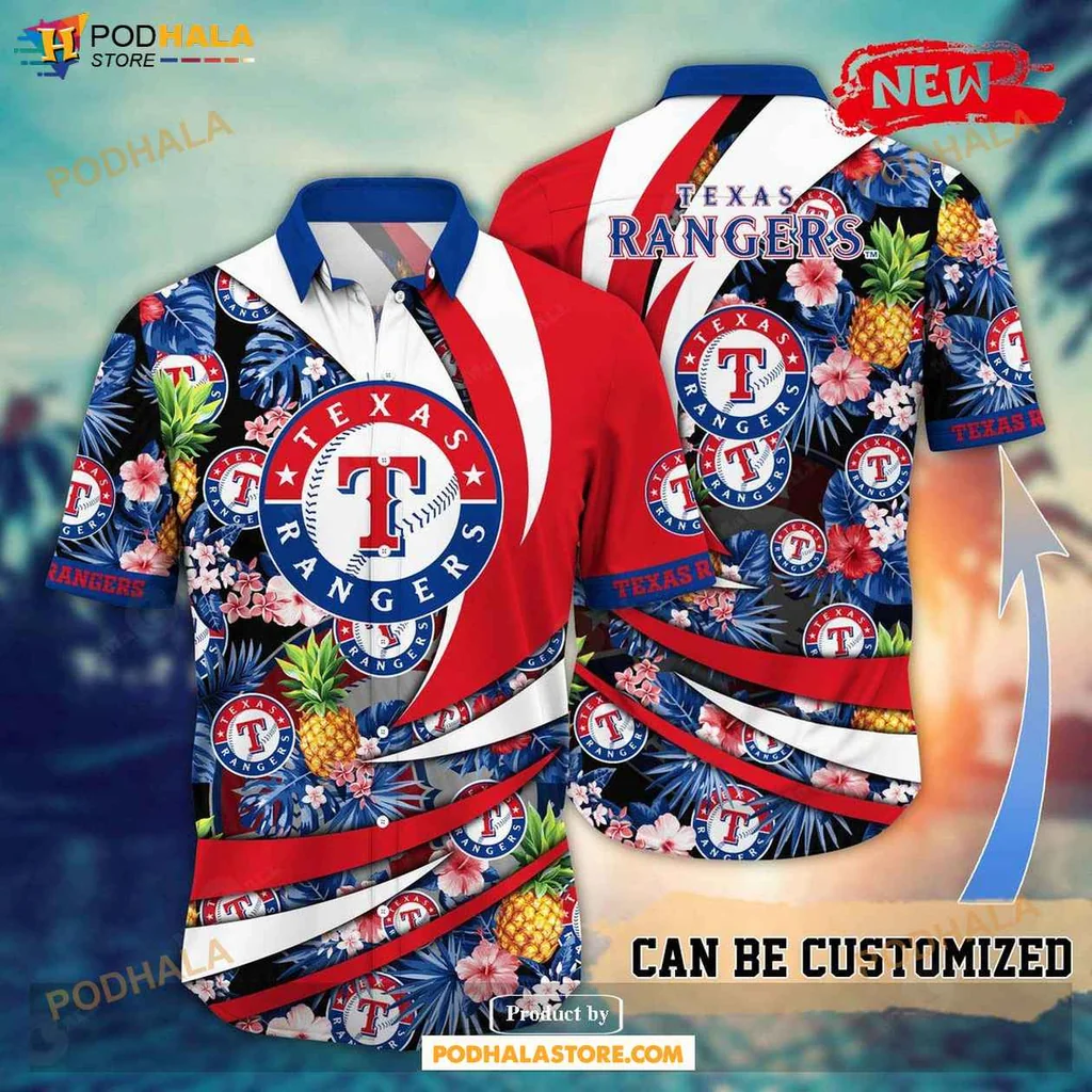 Playful Rangers Aloha Shirt, Texas Rangers Summer Shirt With Floral Pineapple Design