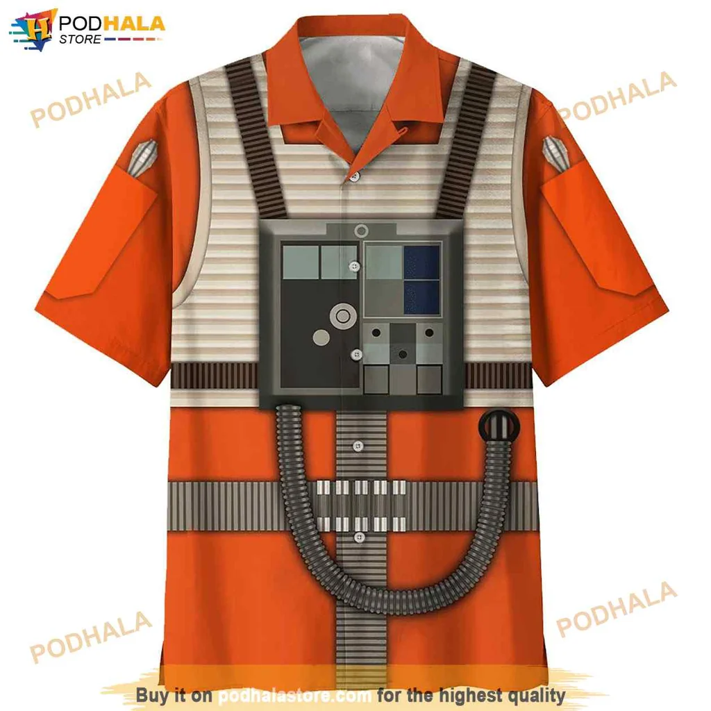 Playful Rebel Pilot Hawaiian Shirt Inspired By Star Wars, Vibrant Orange Design