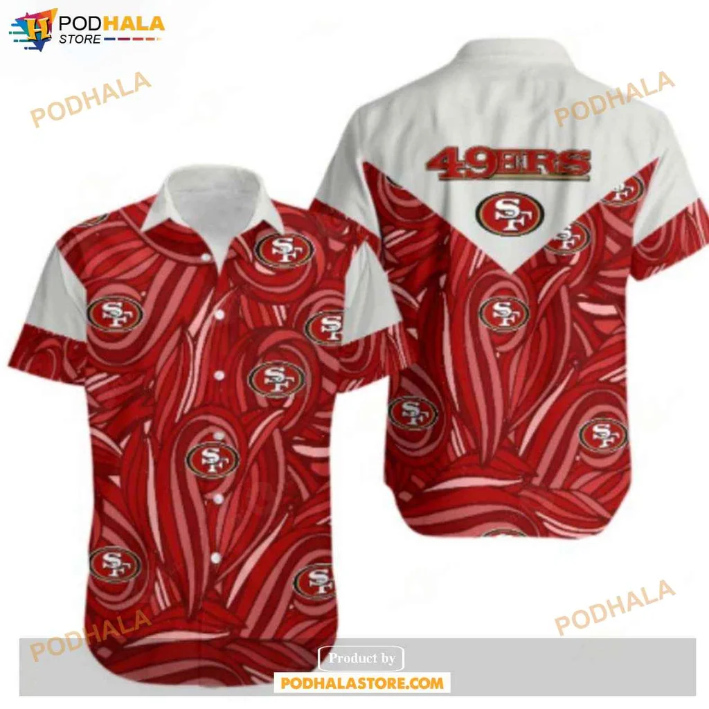 Playful San Francisco 49ers Hawaiian Shirt, Vibrant Red And White Tropical Design