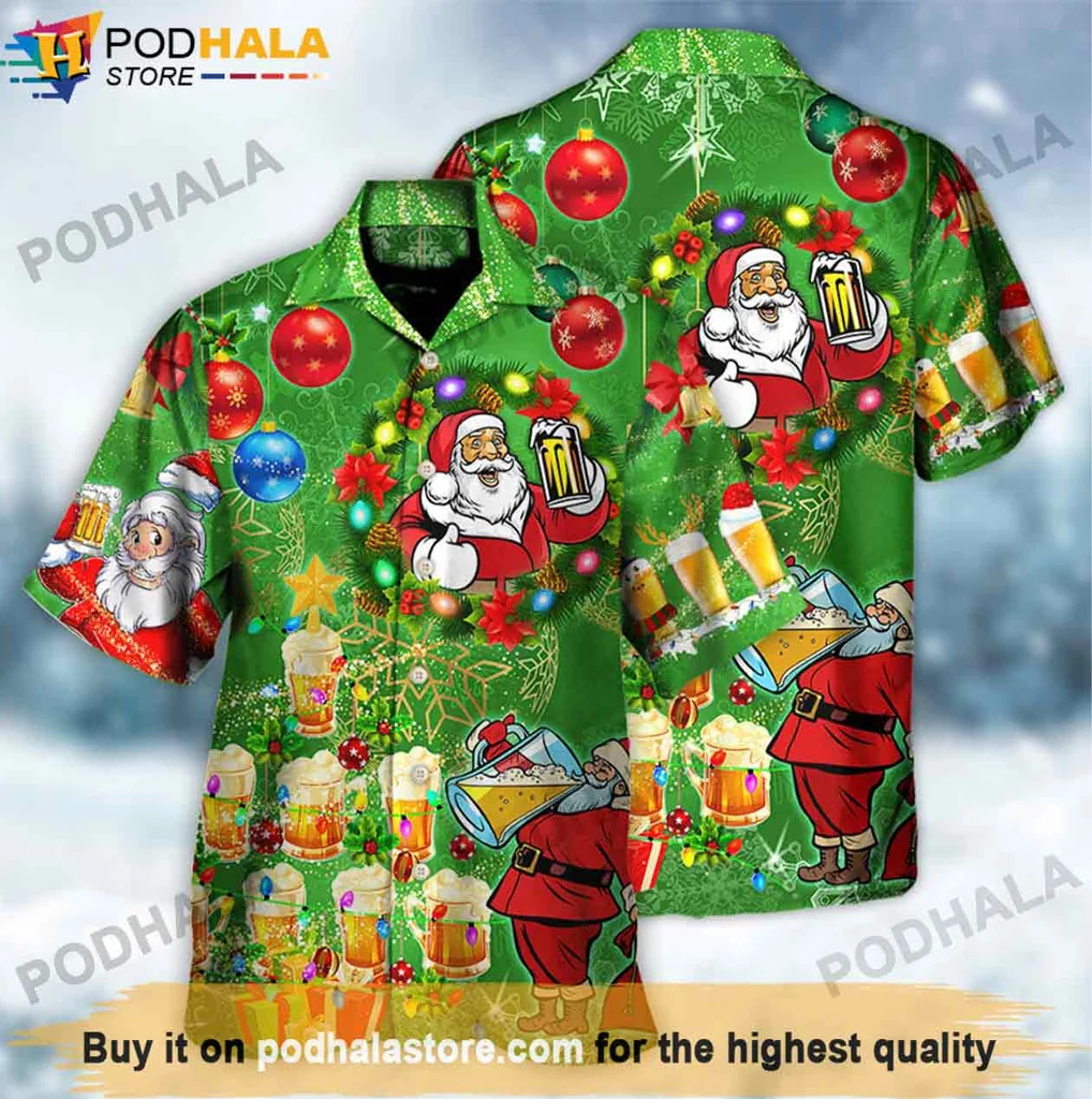 Playful Santa Party Hawaiian Shirt, Festive Green Design With Beer And Ornaments