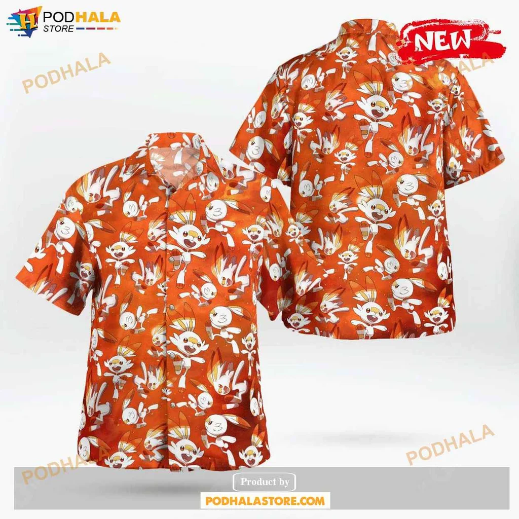 Playful Scorbunny Aloha Shirt, Vibrant Tropical Design For Casual Beach Outings