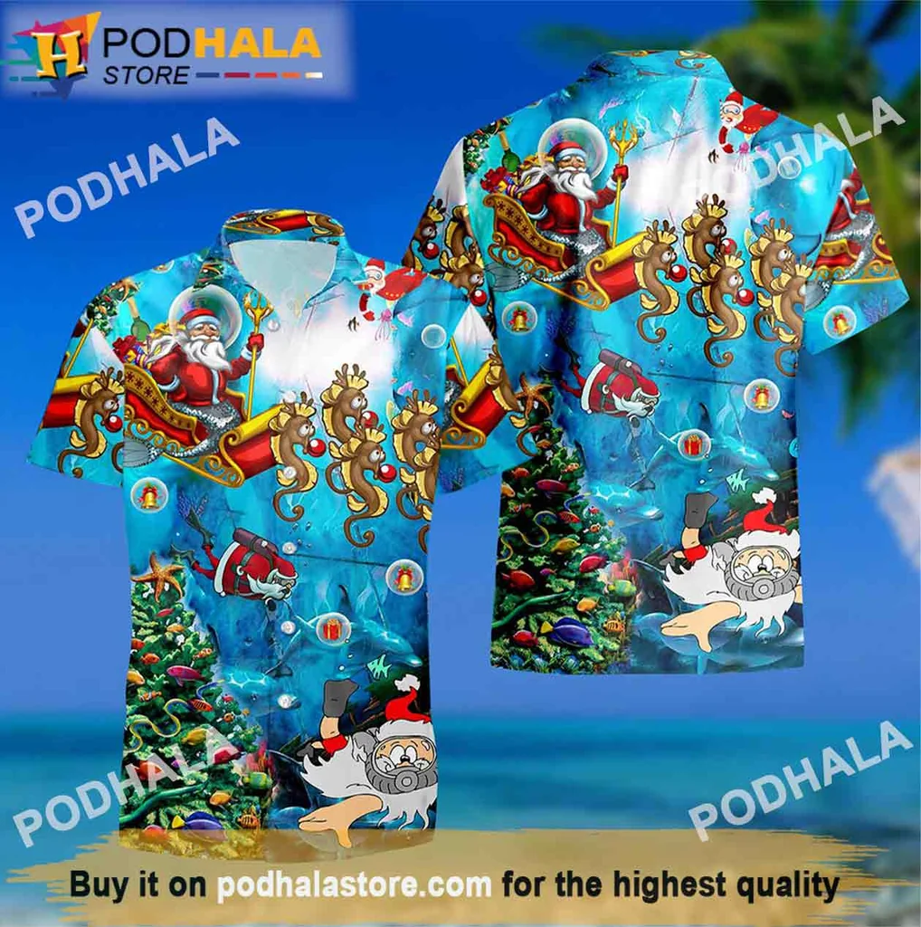 Playful Scuba Santa Aloha Shirt, Festive Hawaiian Tee For Christmas Parties