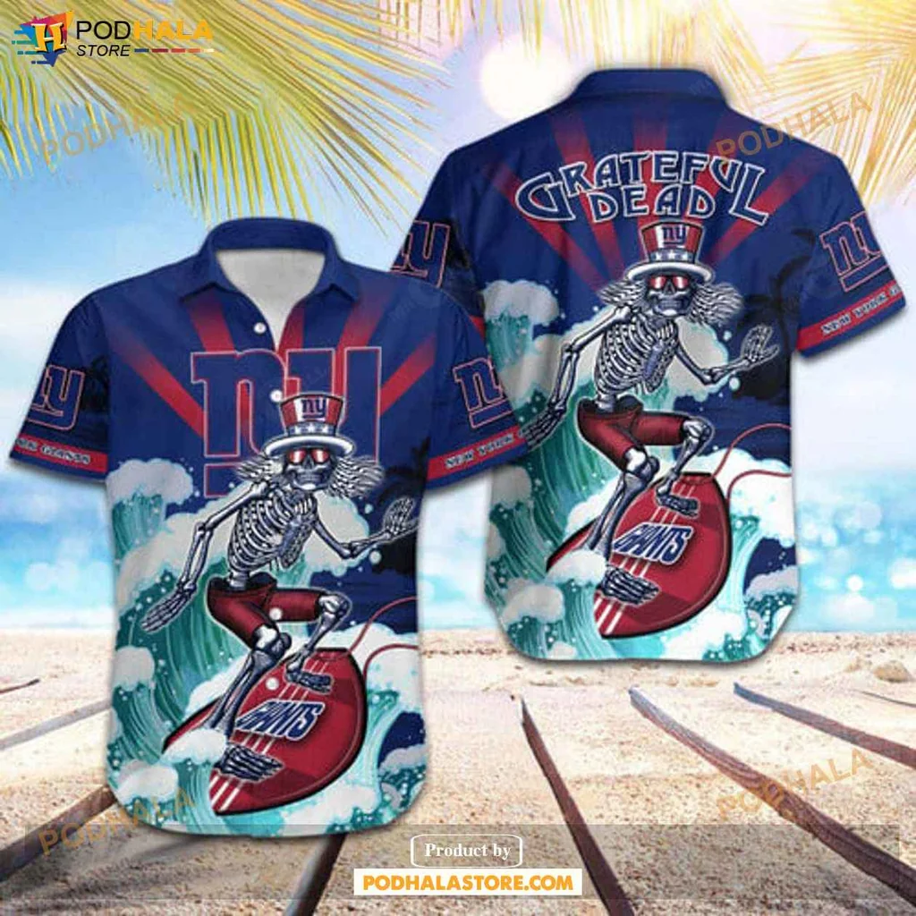 Playful Skeleton Skateboard Hawaiian Shirt New York Giants Surf Style Design