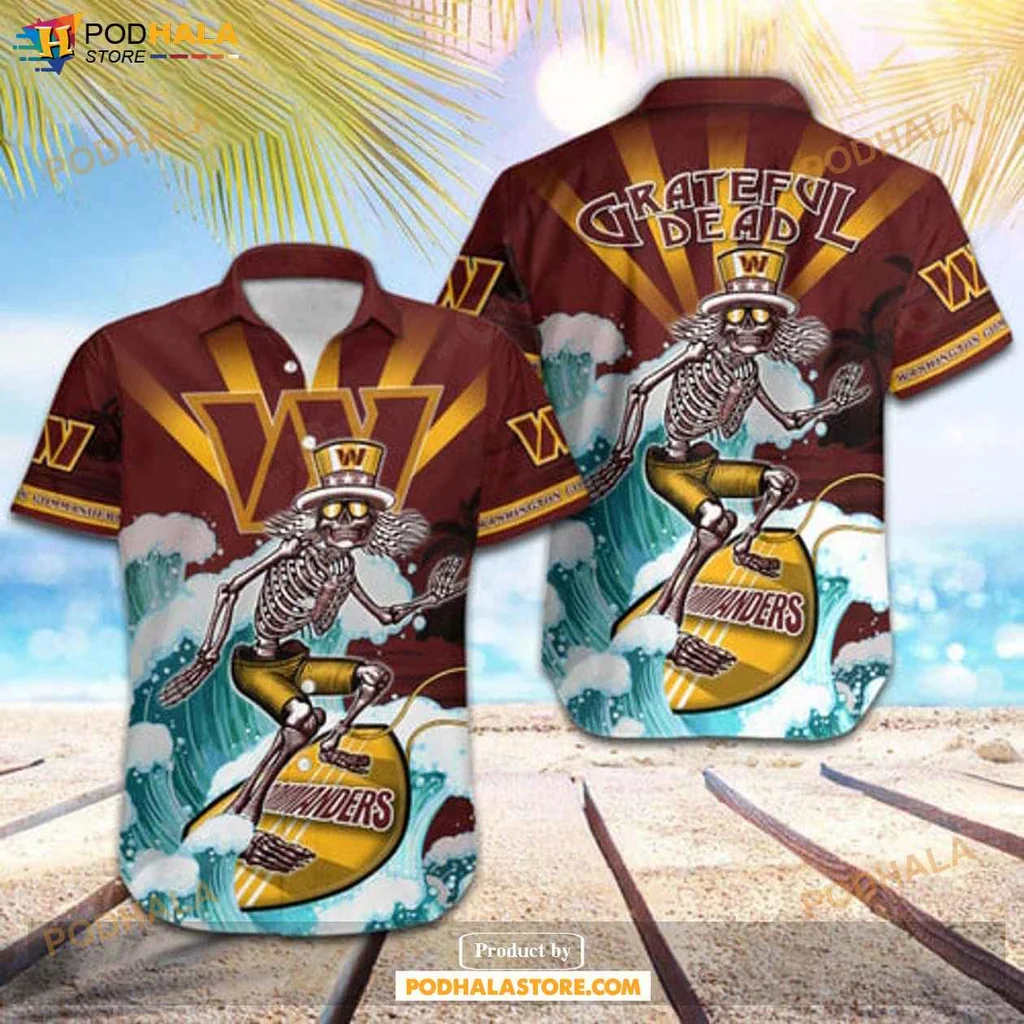 Playful Skeleton Surf Hawaiian Shirt, Washington Commanders Skateboarding Design
