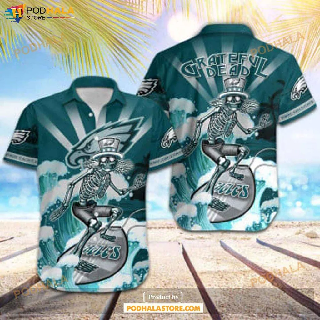 Playful Skeleton Surfer Hawaiian Shirt, Philadelphia Eagles Skateboarding Design