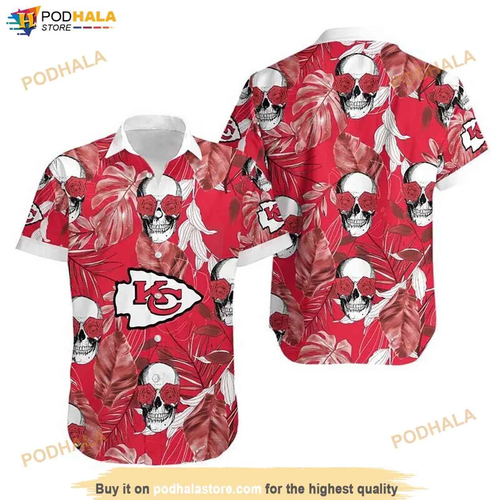 Playful Skull Floral Aloha Shirt, Kansas City Chiefs Vacation Gift For Fans Playful Skull Floral Aloha Shirt, Kansas City Chiefs Vacation Gift For Fans