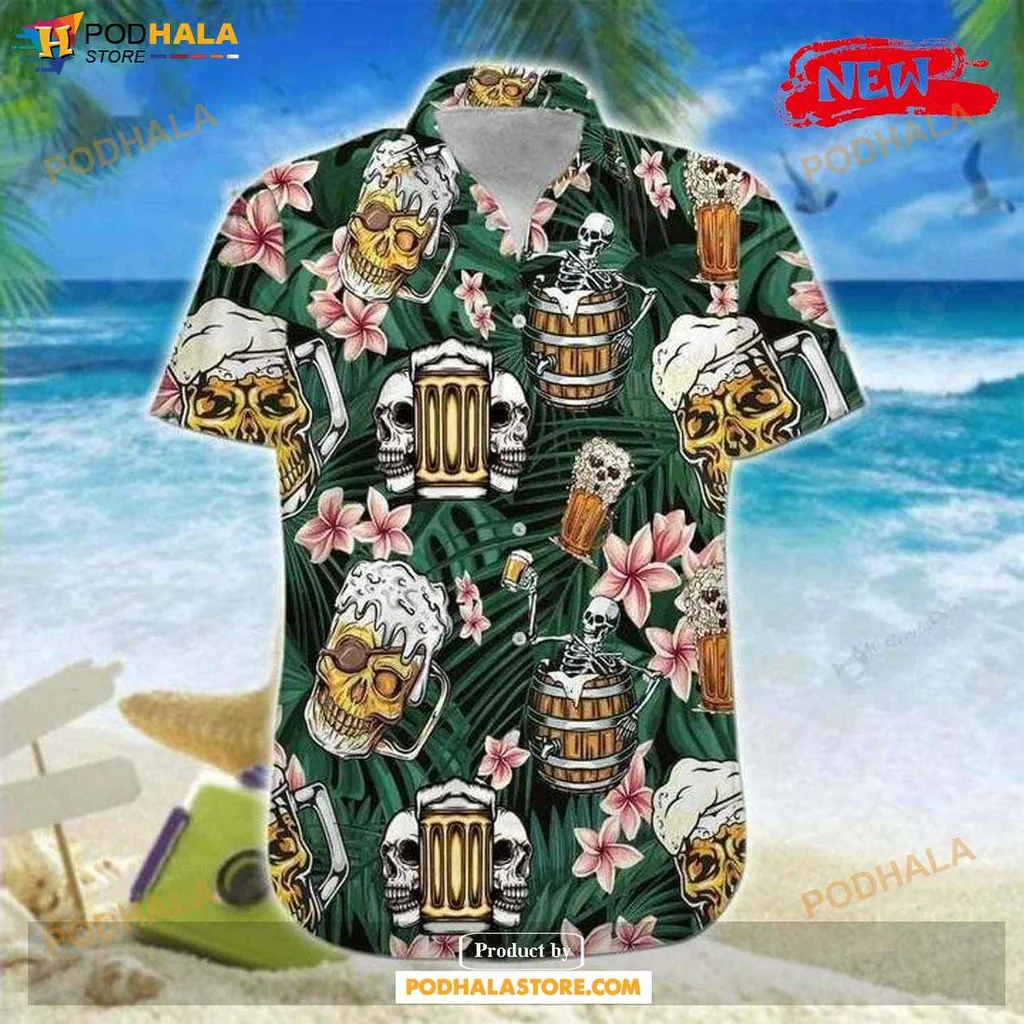 Playful Skull Tropical Hawaiian Shirt, Vibrant Summer Design With Beer And Flowers