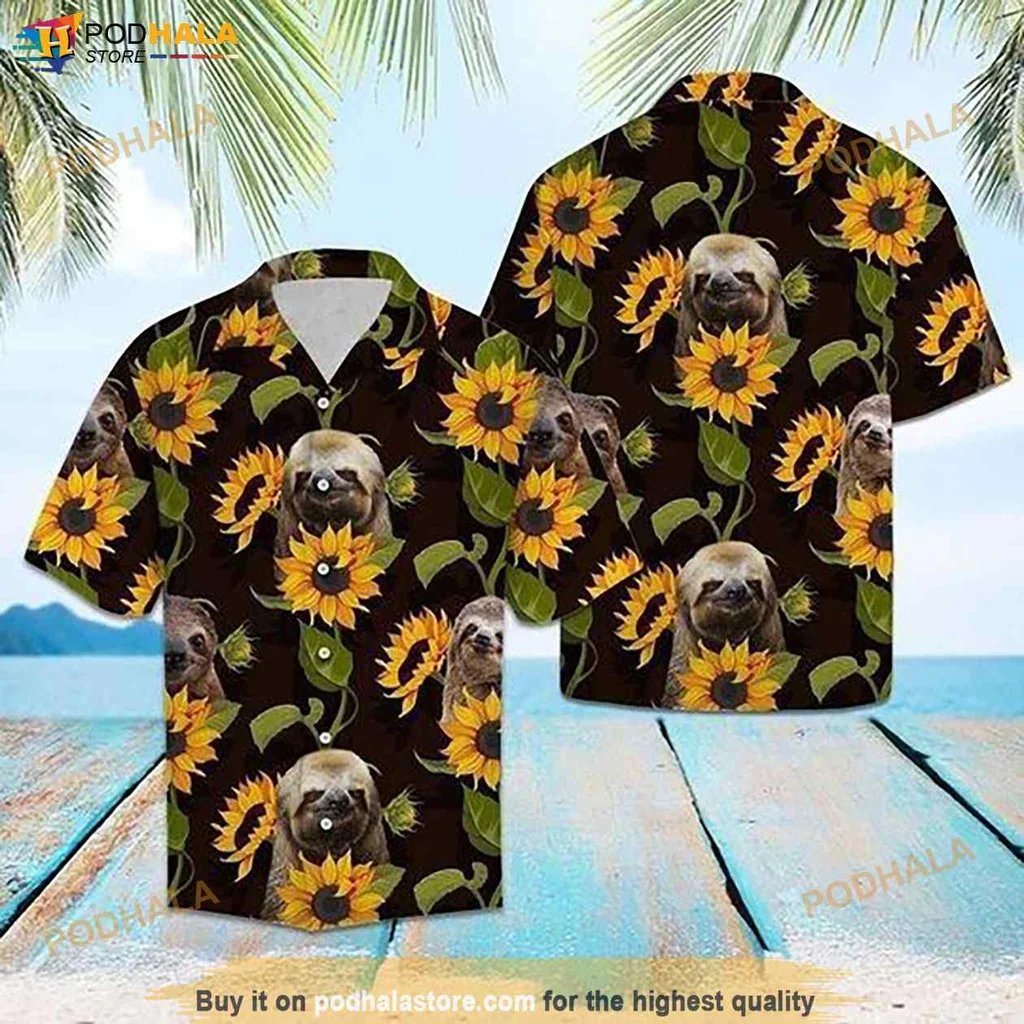 Playful Sloth Hawaiian Shirt, Cartoon Sloths And Sunflowers Design